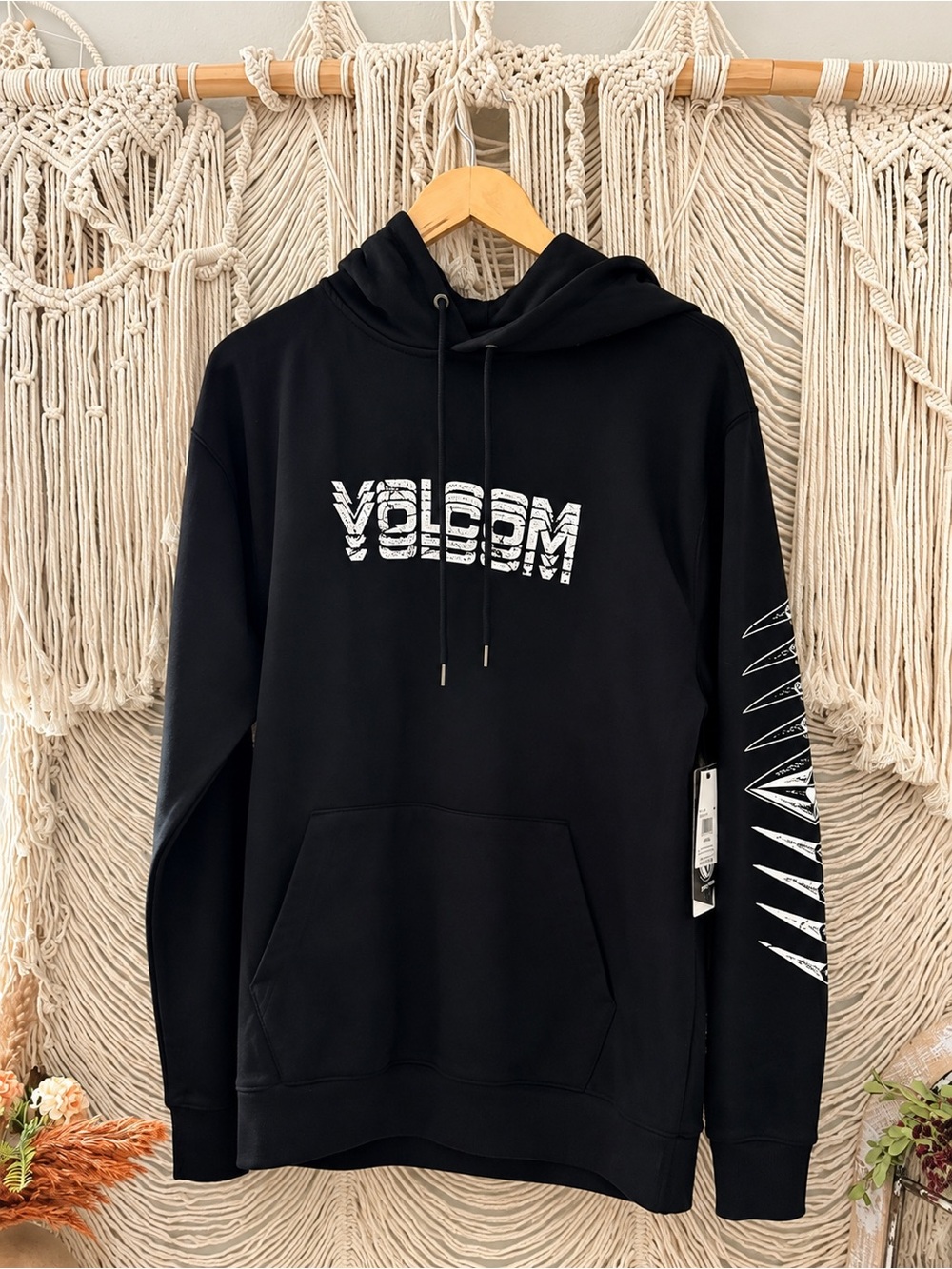 Volcom Black Pullover Hoodie with White Logo and Sleeve Graphic